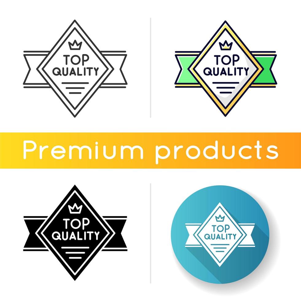 Top quality icon. Linear black and RGB color styles. Premium product and high class service. Brand equity, VIP status. Diamond shaped superior goods badge isolated vector illustrations