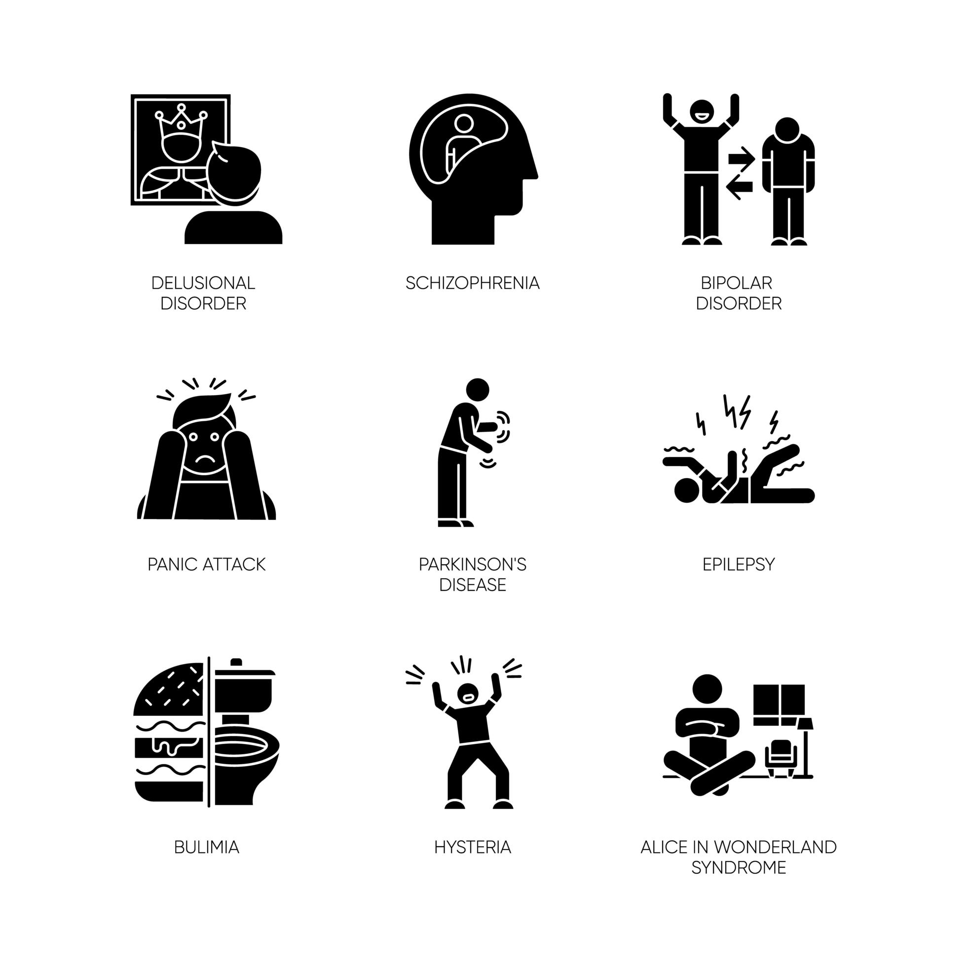 Mental disorder glyph icons set. Schizophrenia. Bipolar disorder. Panic