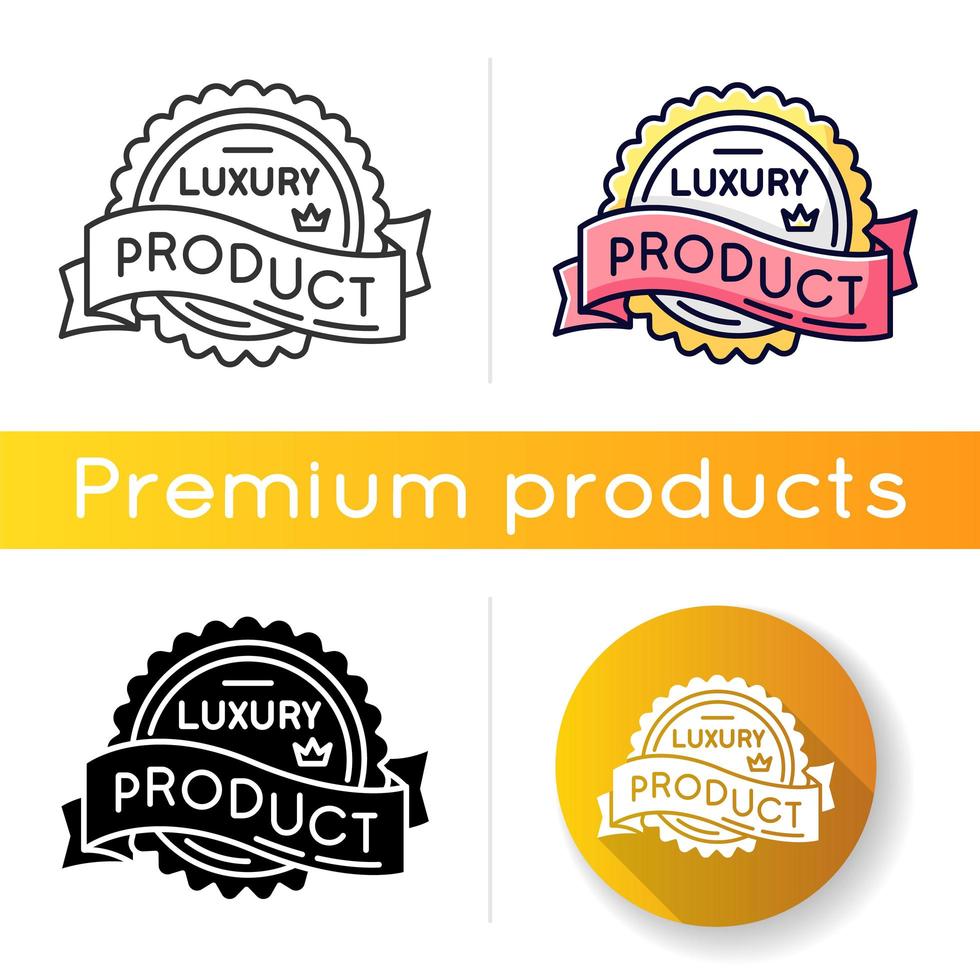Luxury product icon. Linear black and RGB color styles. Brand equity, superior status. Expensive premium quality goods badge with crown and banner ribbon isolated vector illustrations