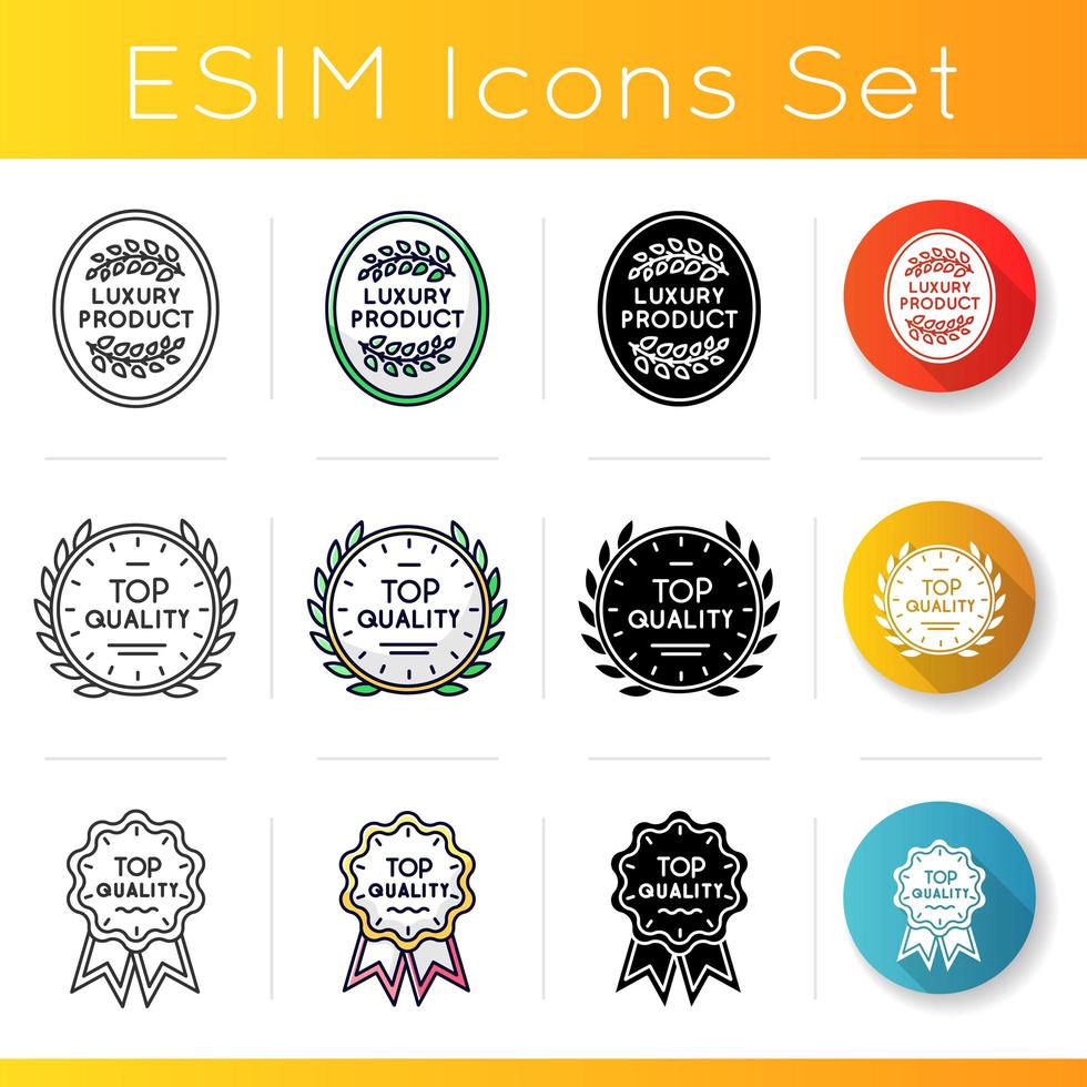 Premium products icons set. Linear, black and RGB color styles. Luxurious goods quality assurance. High class brand equity. Different prestigious badges isolated vector illustrations