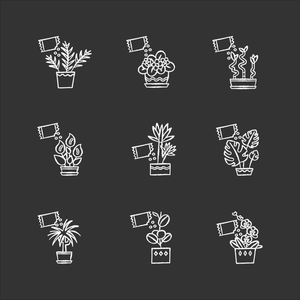 Houseplant fertilizing chalk white icons set on black background. Feeding domesticated plants. Decorative plant growing. Indoor gardening. Growth supplements. Isolated vector chalkboard illustrations