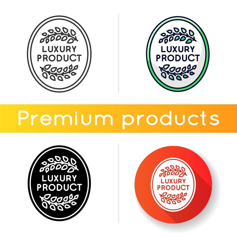 Luxury product icon. Linear black and RGB color styles. Top quality goods, premium status assurance, brand equity. Elegant emblem with laurel branches isolated vector illustrations