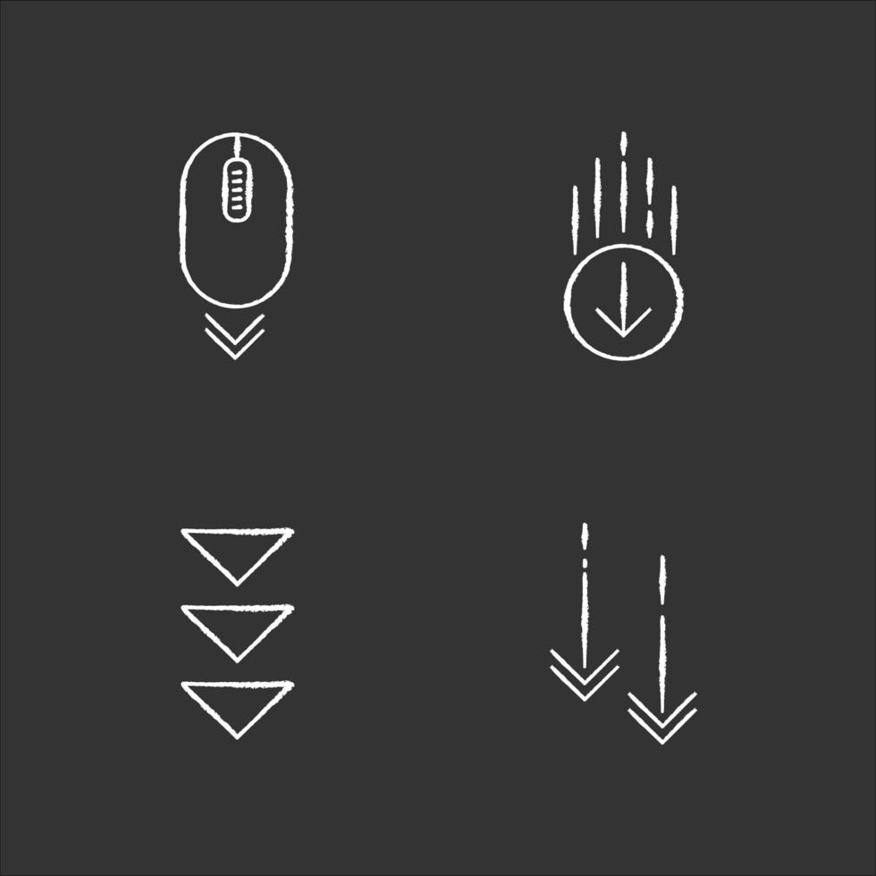 Scrolling down chalk white icons set on black background. Moving arrows. Web page browsing cursor and download indicators. Way direction. Isolated vector chalkboard illustrations