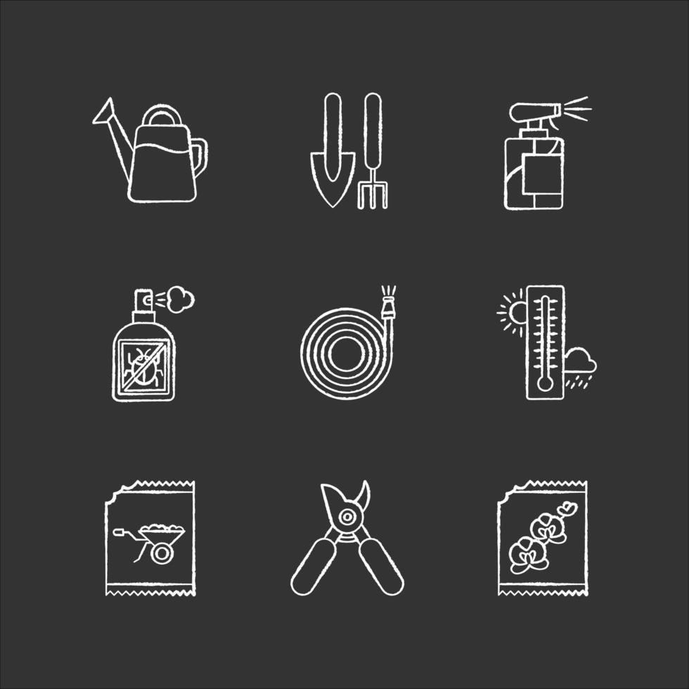 Indoor gardening tools and materials chalk white icons set on black background. Garden inventory. Plant caring equipment. Looking after domesticated plants. Isolated vector chalkboard illustrations