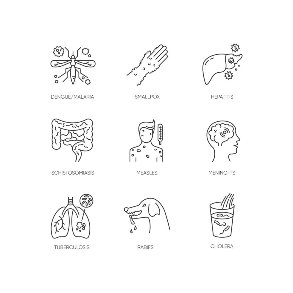 Conjunto de iconos lineales perfectos de píxeles de infecciones virales. enfermedades infecciosas, virus bacterianos contagiosos símbolos de contorno de línea fina personalizables. ilustraciones de contorno de vector aislado. trazo editable