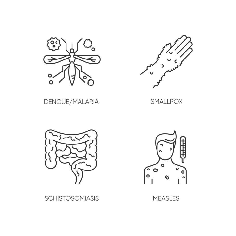 Contagious diseases pixel perfect linear icons set. Malaria, smallpox, schistosomiasis and measles customizable thin line contour symbols. Isolated vector outline illustrations. Editable stroke