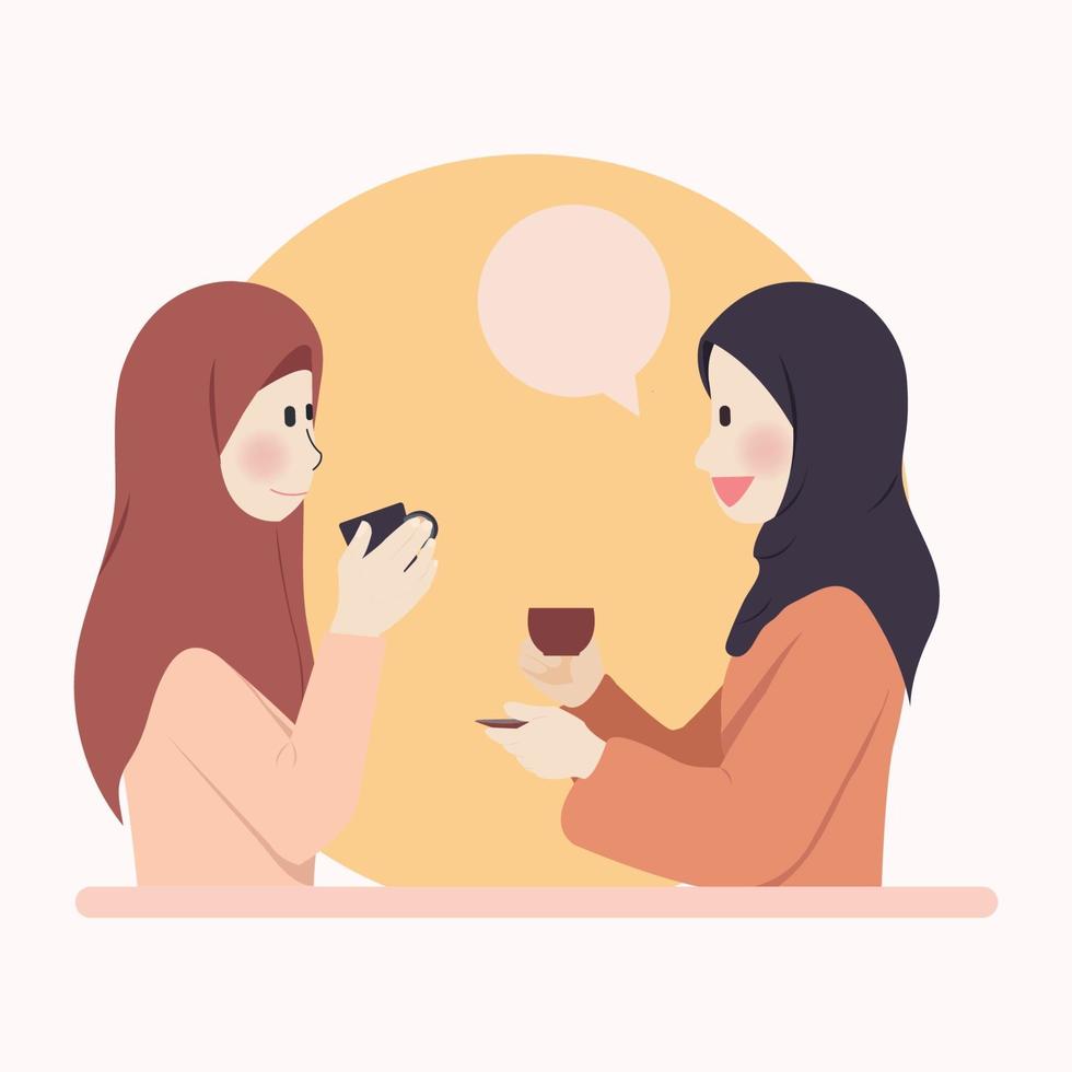 Cute Muslim Girls Wearing Hijab Chatting while drinking beverage vector