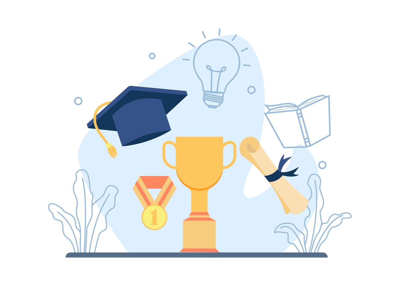 Trophy, graduation cap and graduation roll design vector