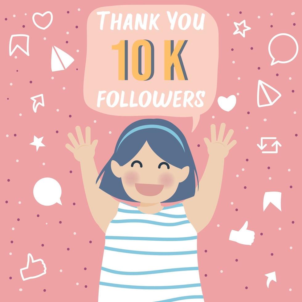 Cheerful and Grateful Cute Girl Celebrating Thank you 10k followers vector