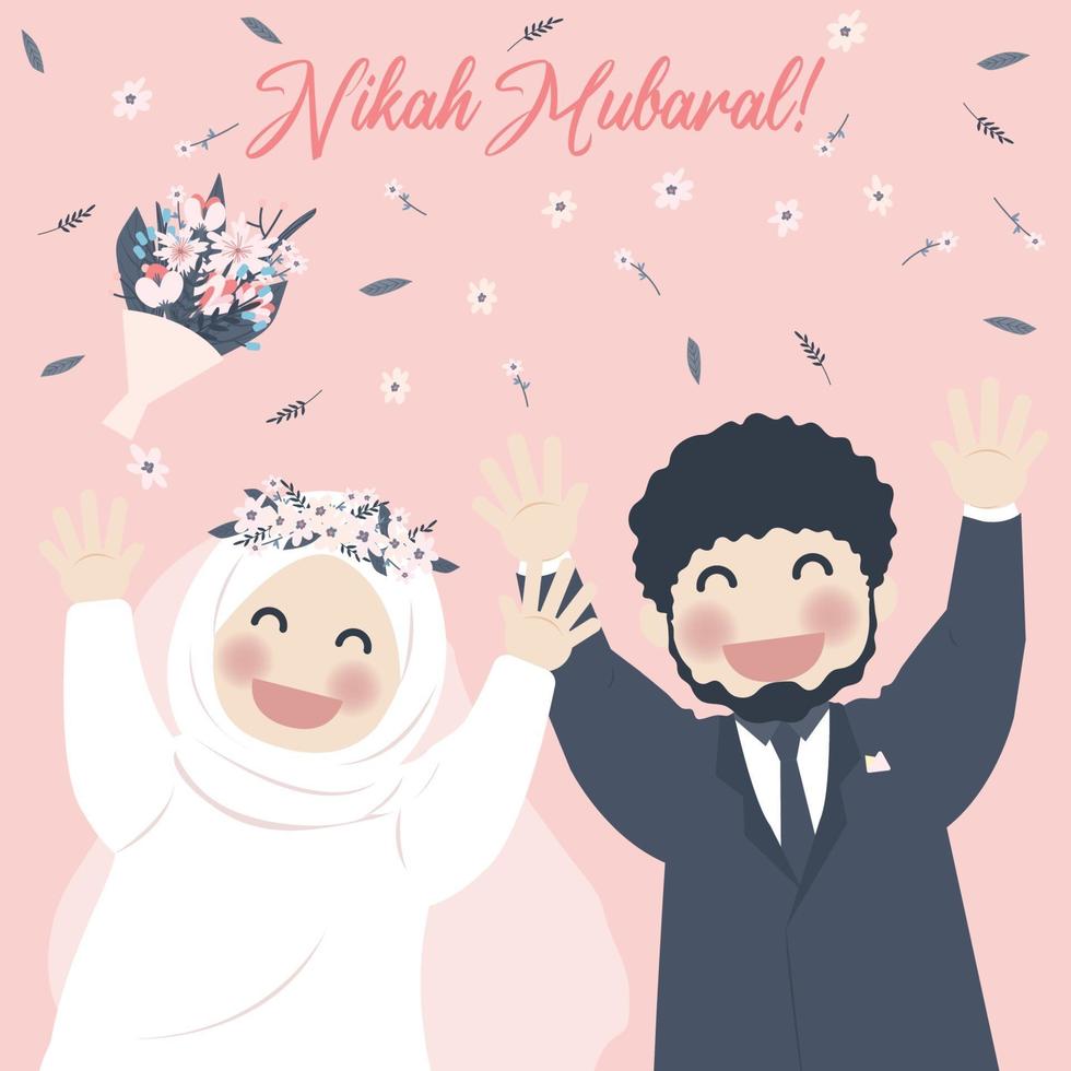 linda pareja musulmana celebra nikah, saludo de nikah mubarak vector