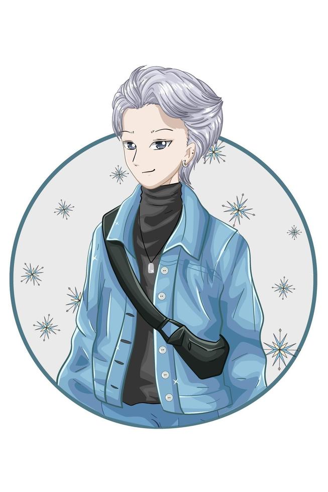 Handsome silver hair anime boy wearing blue jacket and black turtleneck vector