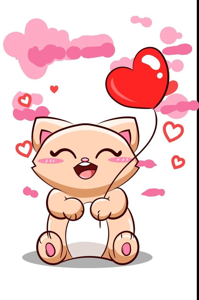 lindo y feliz gato con ilustración de dibujos animados de globo de corazón vector