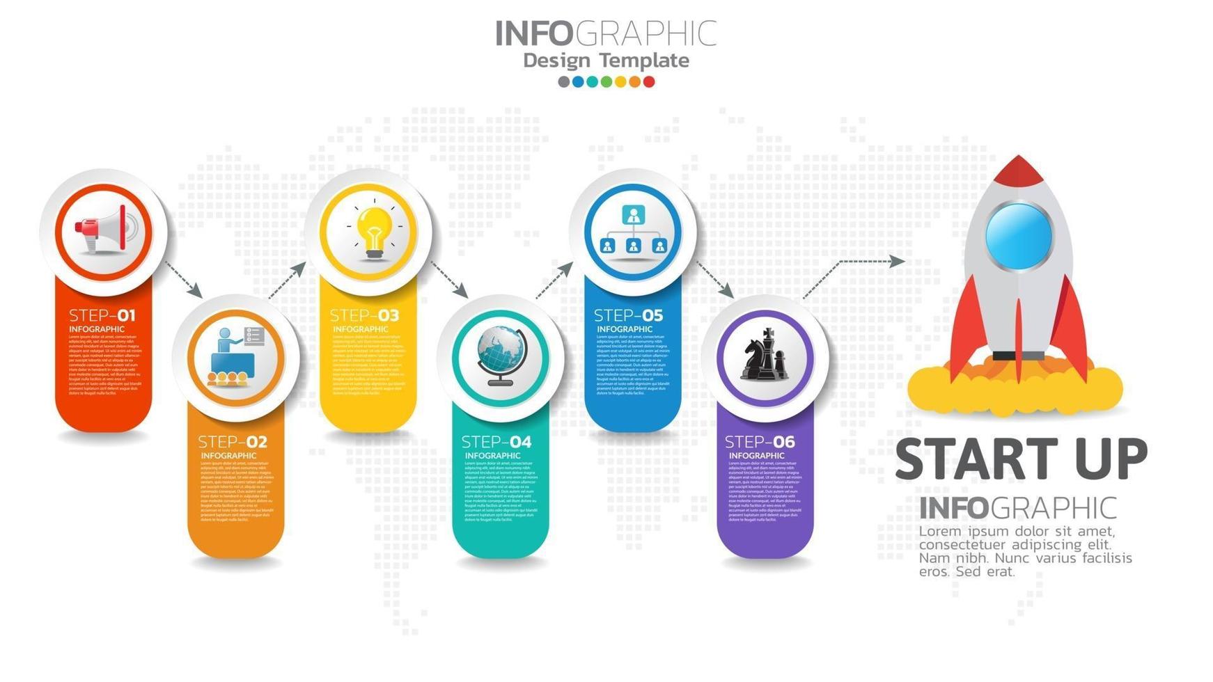 Infografía de inicio de 6 pasos con lanzamiento de cohete. concepto de negocios y finanzas. vector