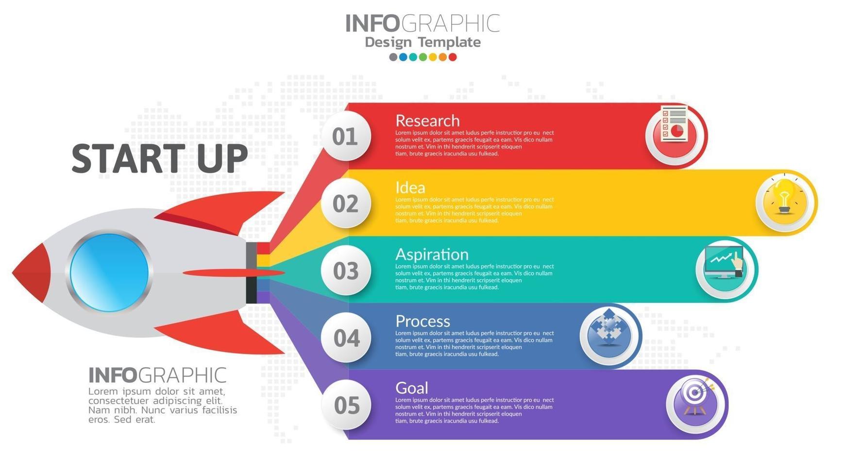 Infografía de inicio de 5 pasos con lanzamiento de cohete. concepto de negocios y finanzas. vector