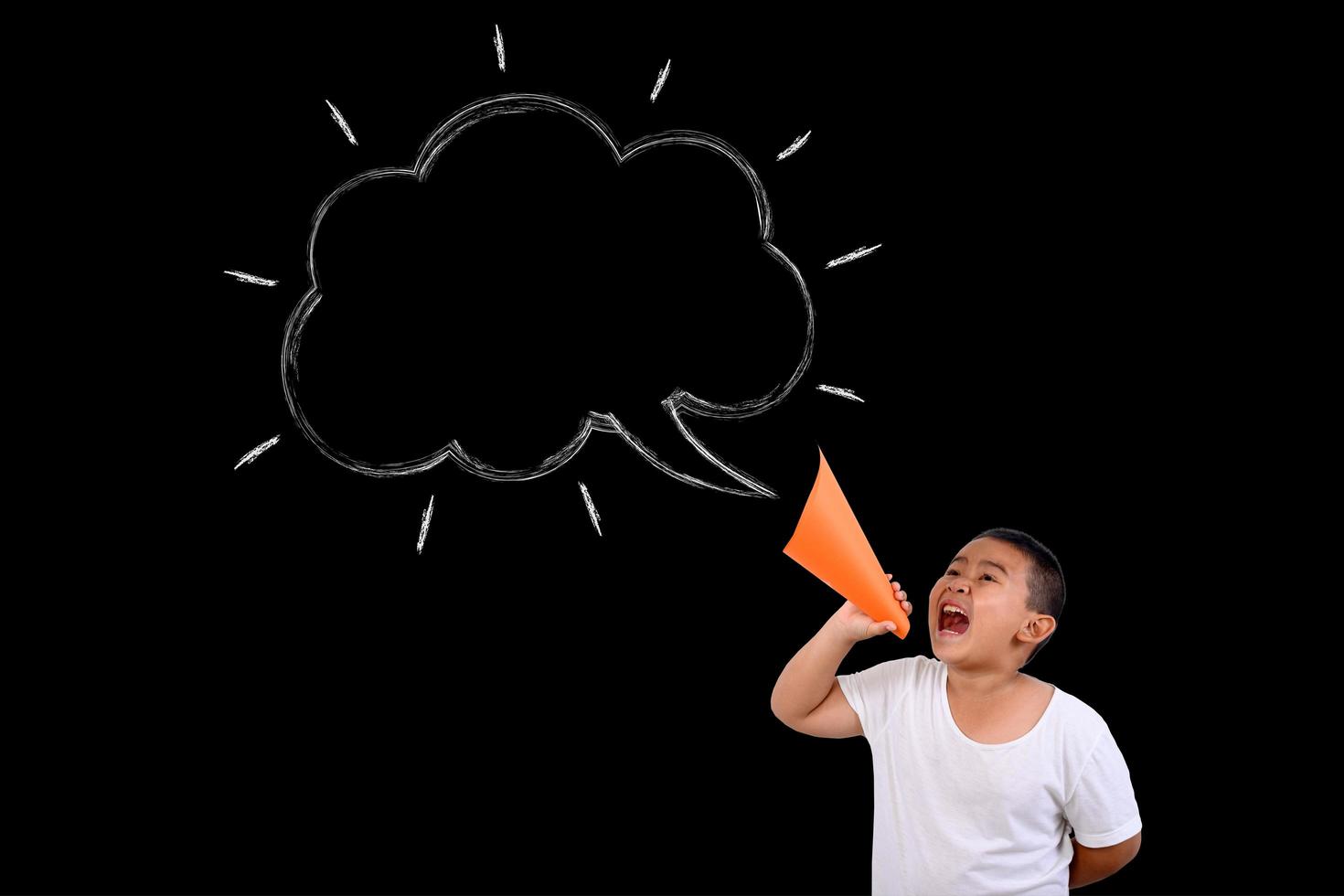 The boy shouted loudly with a text box on chalkboard photo