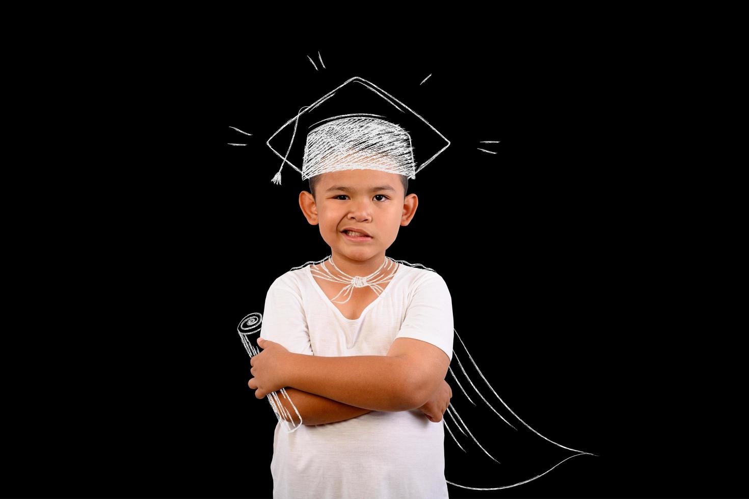 Young boy showing number 1 on a blackboard photo