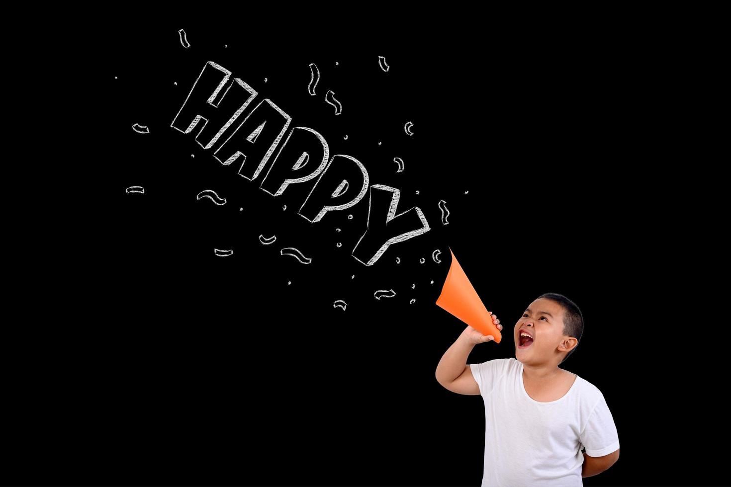 The boy shouted loudly the word HAPPY written on chalkboard photo