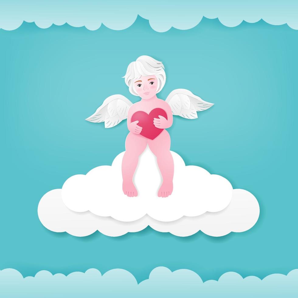 linda tarjeta de felicitación del día de San Valentín con Cupido sentado en las nubes. vector