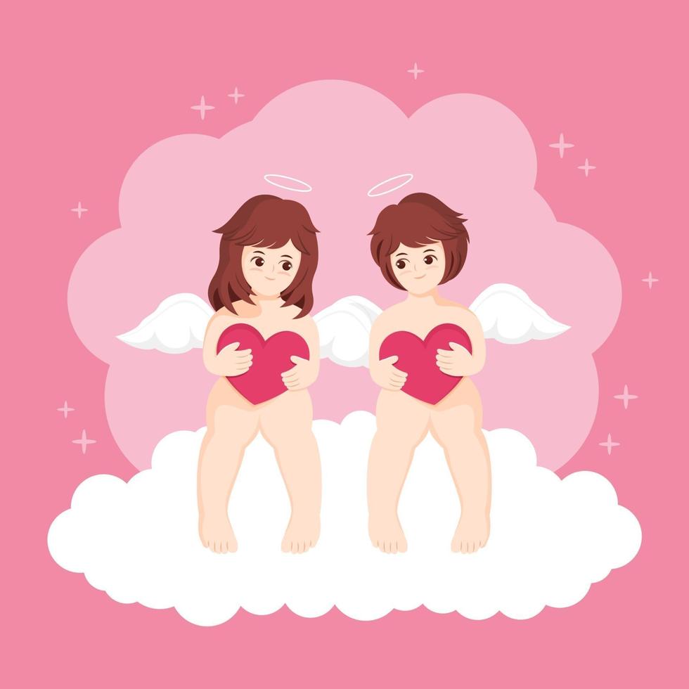 Cupids with heart sitting on clouds. vector