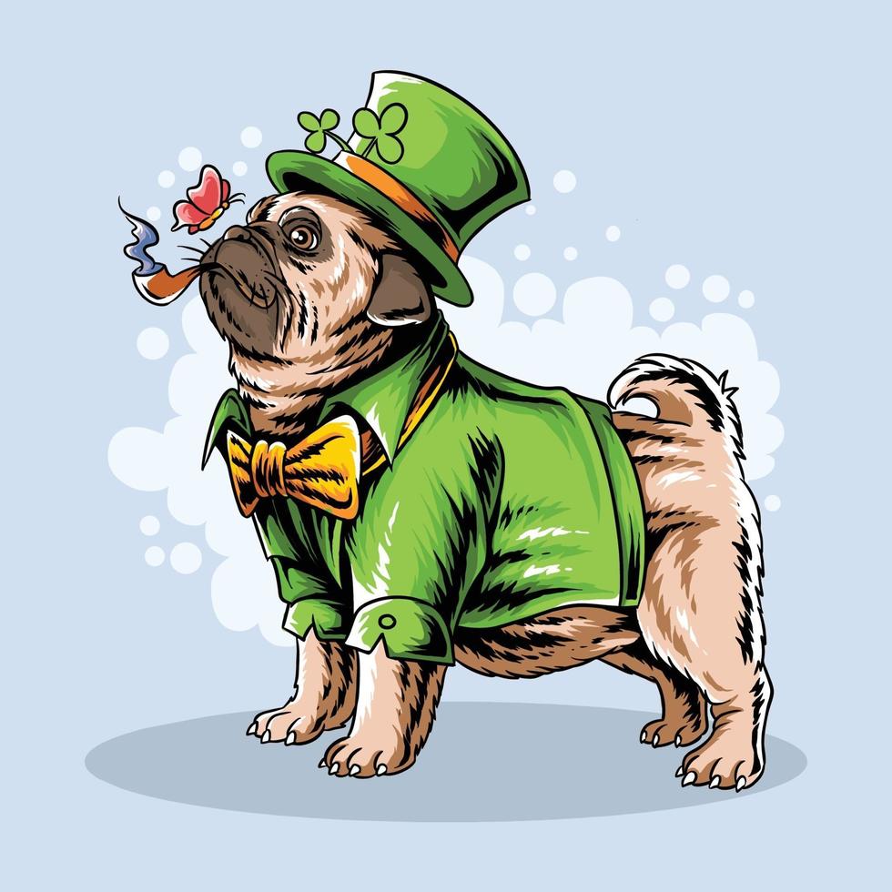 St. Patrick's Day cute pug smokes a cigar vector