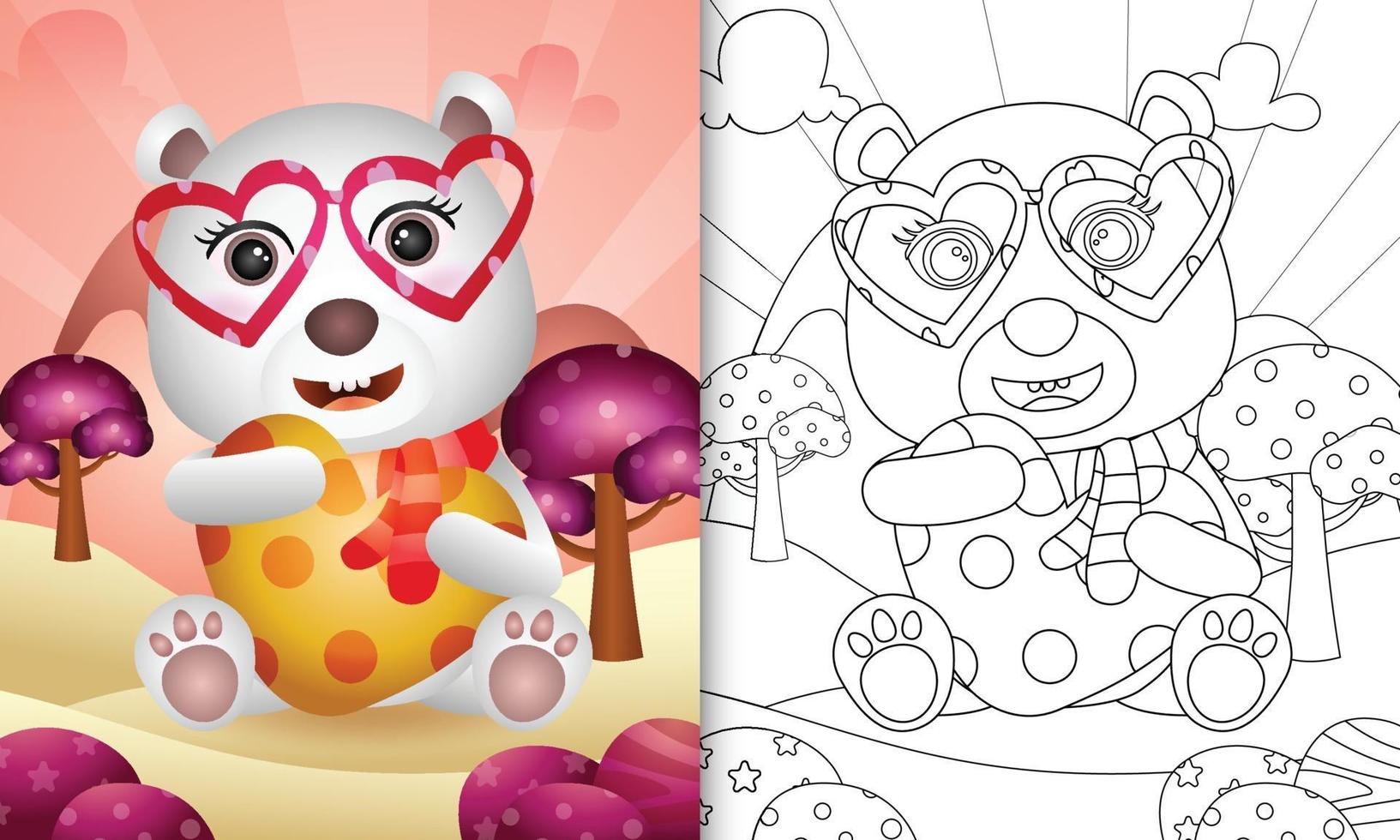 libro para colorear para niños con un lindo oso polar abrazando corazón para el día de san valentín vector