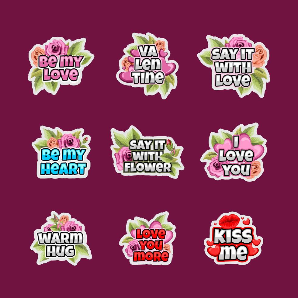 Valentines Day Lettering Sticker Set With Floral Ornament vector