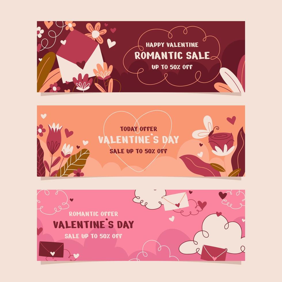 conjunto de banner de san valentín dibujado a mano vector