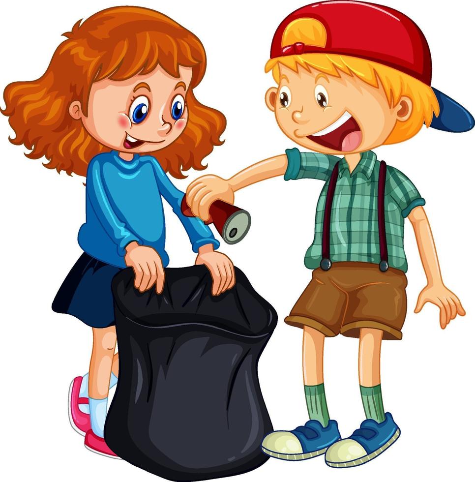 Children cleaning up cartoon character on white background vector