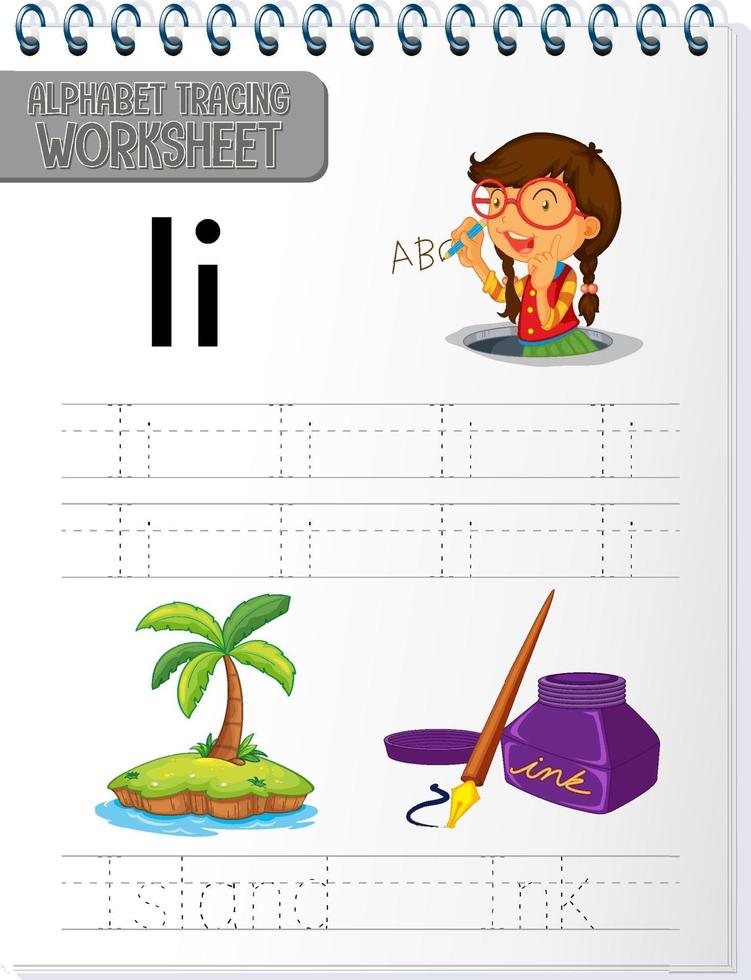 Alphabet tracing worksheet with letter and vocabulary vector