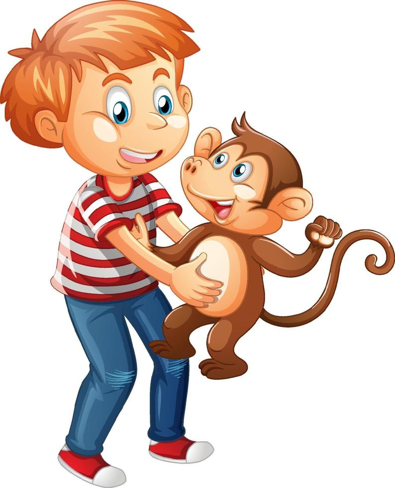 Boy holding a little monkey isolated on white background vector