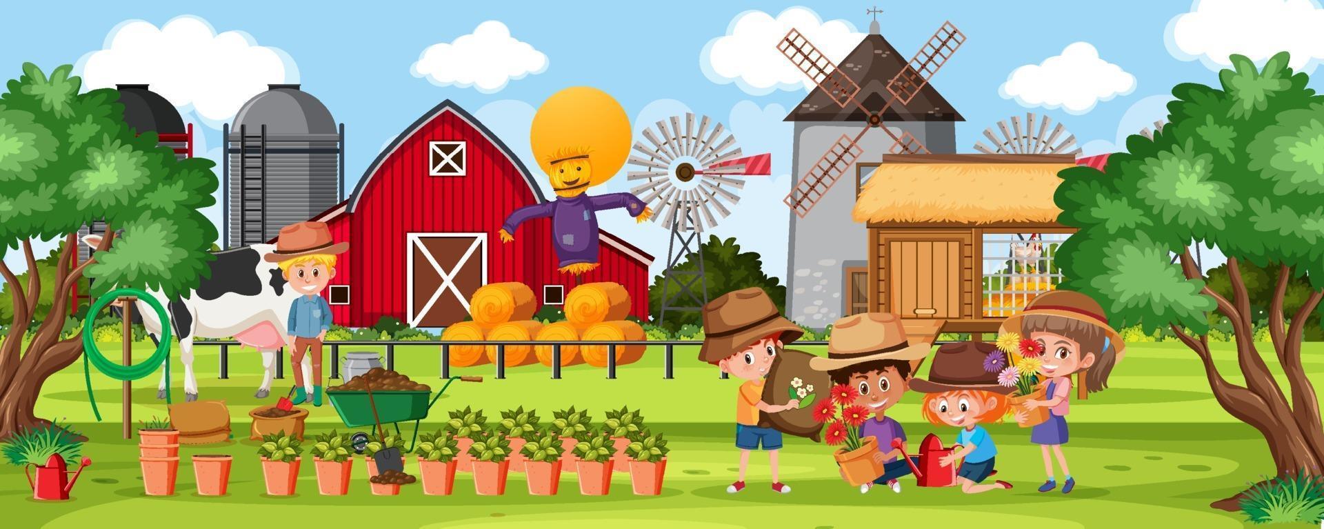 escena al aire libre de la granja con muchos niños. vector