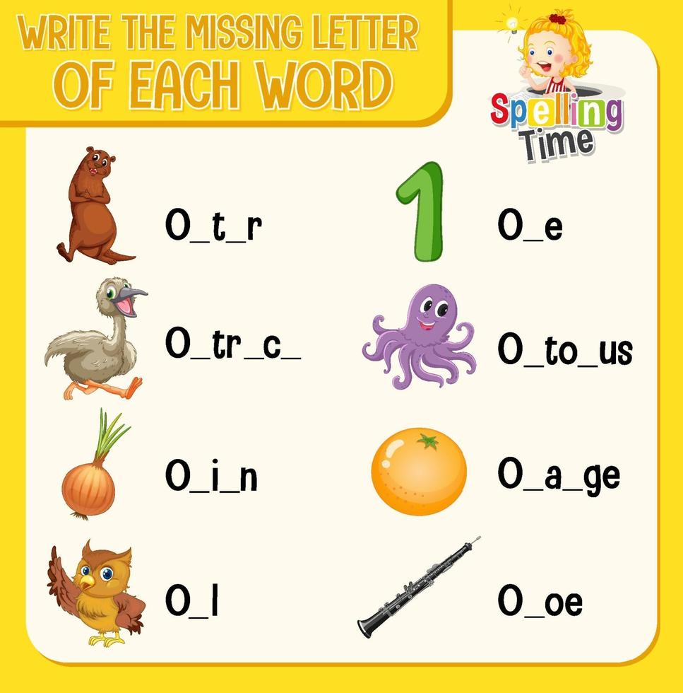 Write the missing letter of each word worksheet for children vector