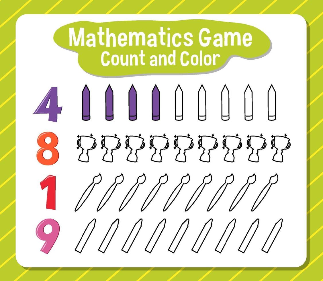 cuenta de juego de matemáticas y hoja de trabajo de color para estudiante vector