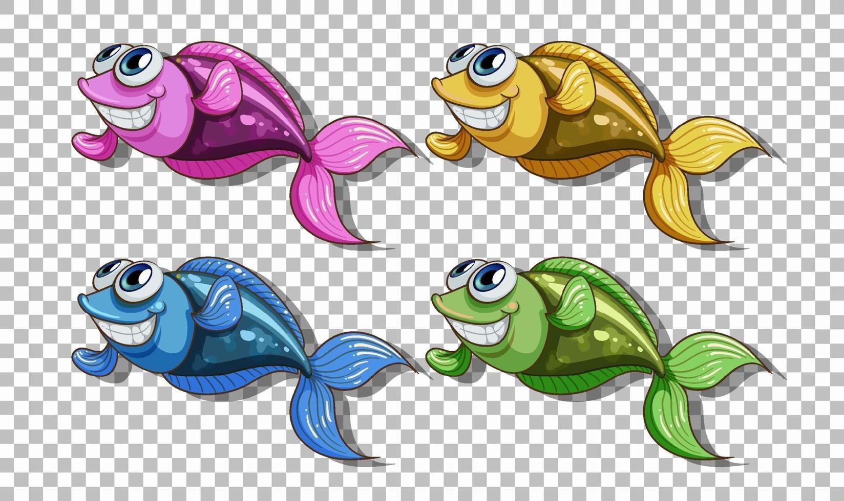 Set of many fishes cartoon character isolated on transparent background vector