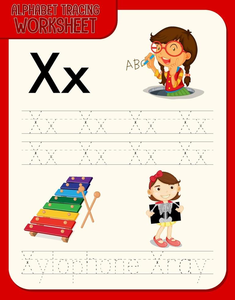 Alphabet tracing worksheet with letter X and x vector