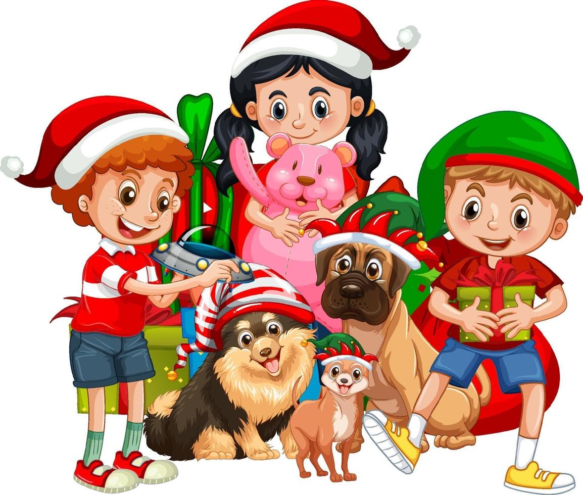 Grupo de niños con su perro vistiendo traje de Navidad personaje de dibujos animados sobre fondo blanco. vector