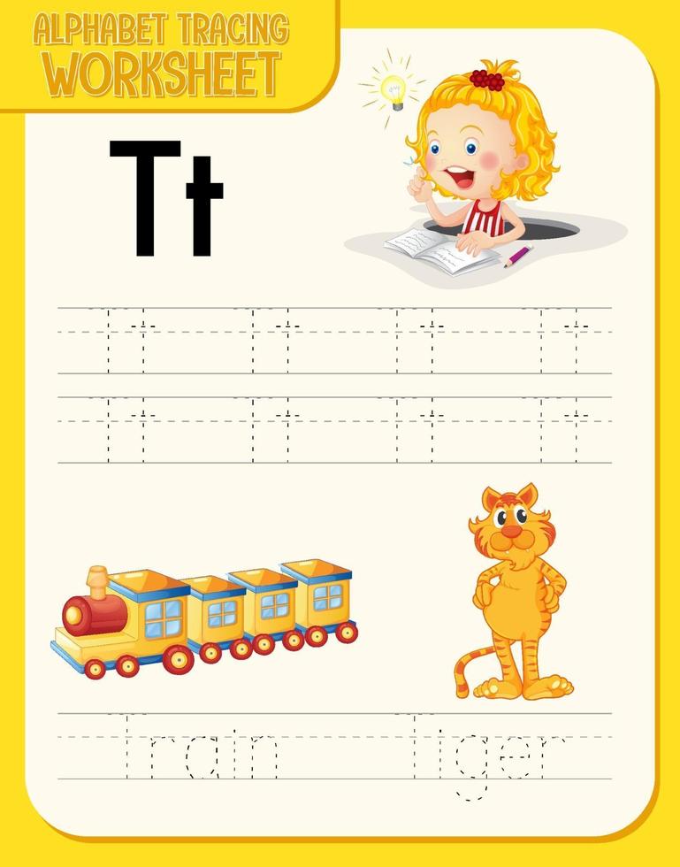 Alphabet tracing worksheet with letter T and t vector