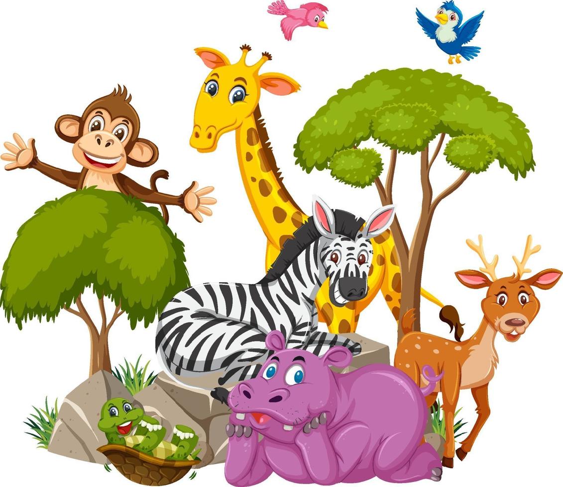 Wild animal group cartoon character on white background vector