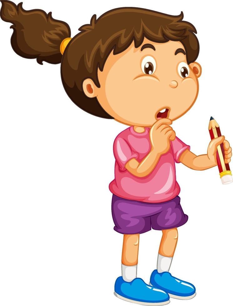 A girl holding a pencil cartoon character isolated on white background vector