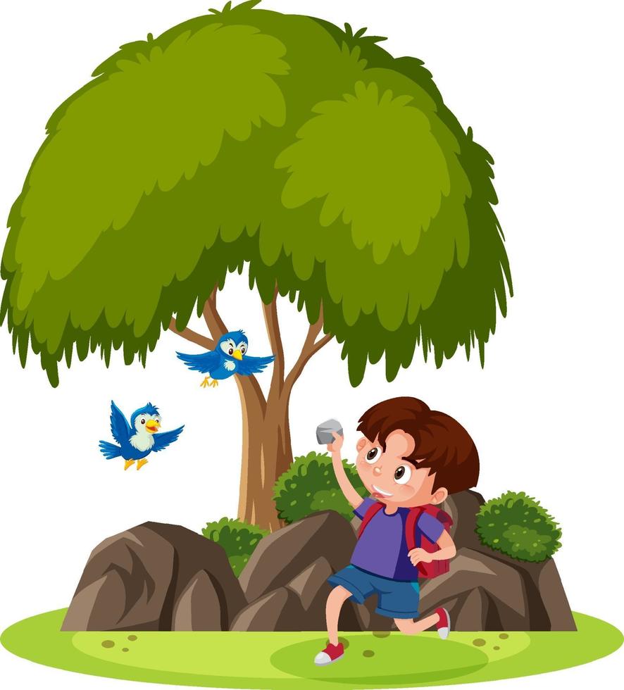 Isolated scene with a boy trying to throw stone to birds vector