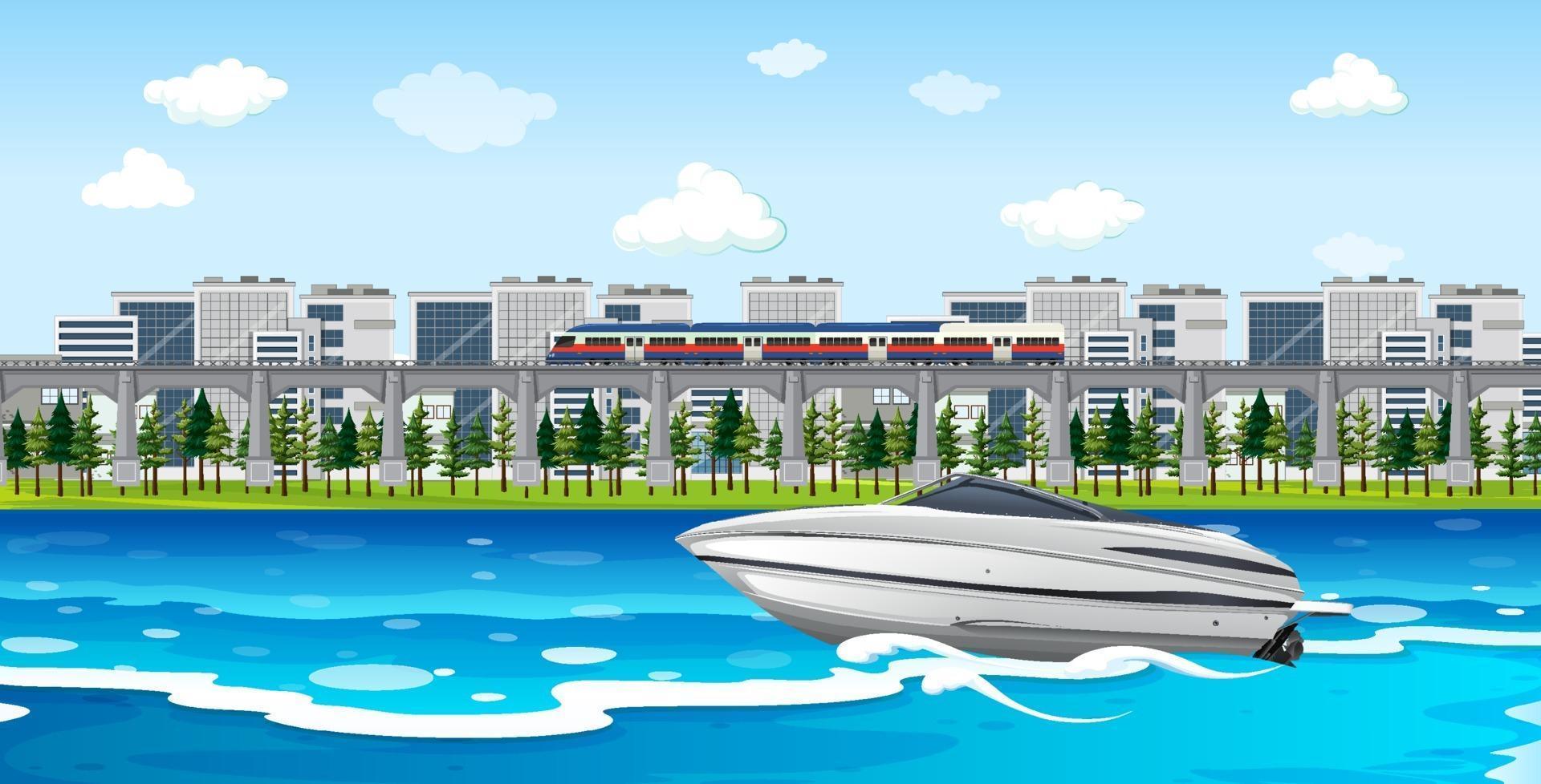 River city scene with a speed boat vector