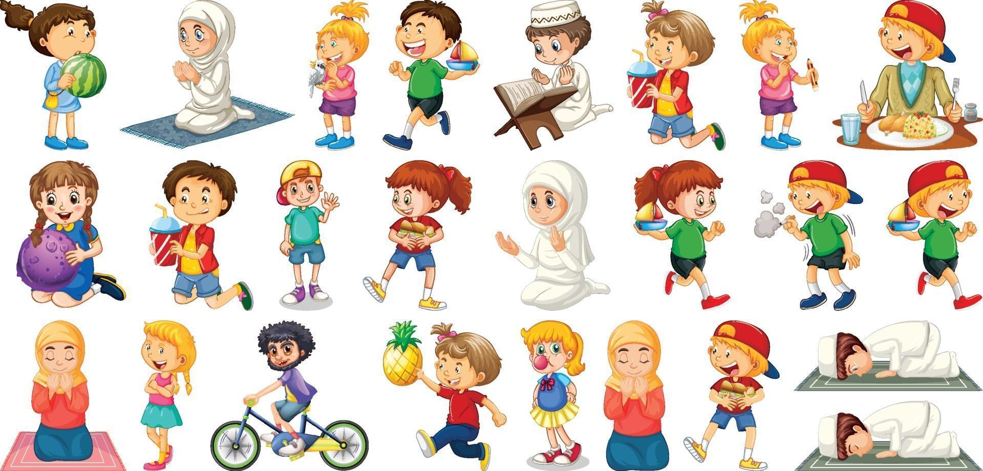 Children doing different activities cartoon character set on white background vector