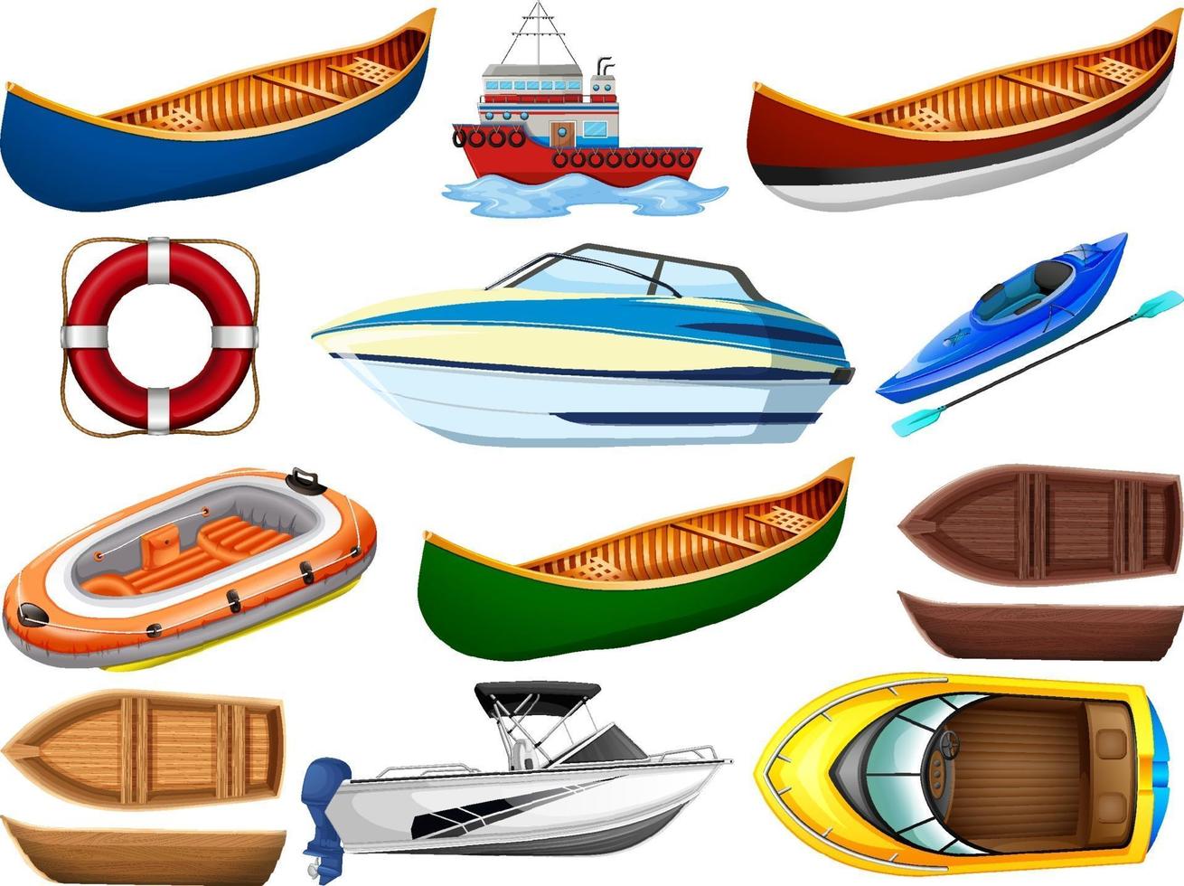 Conjunto de diferentes tipos de barcos y barcos aislado sobre fondo blanco. vector