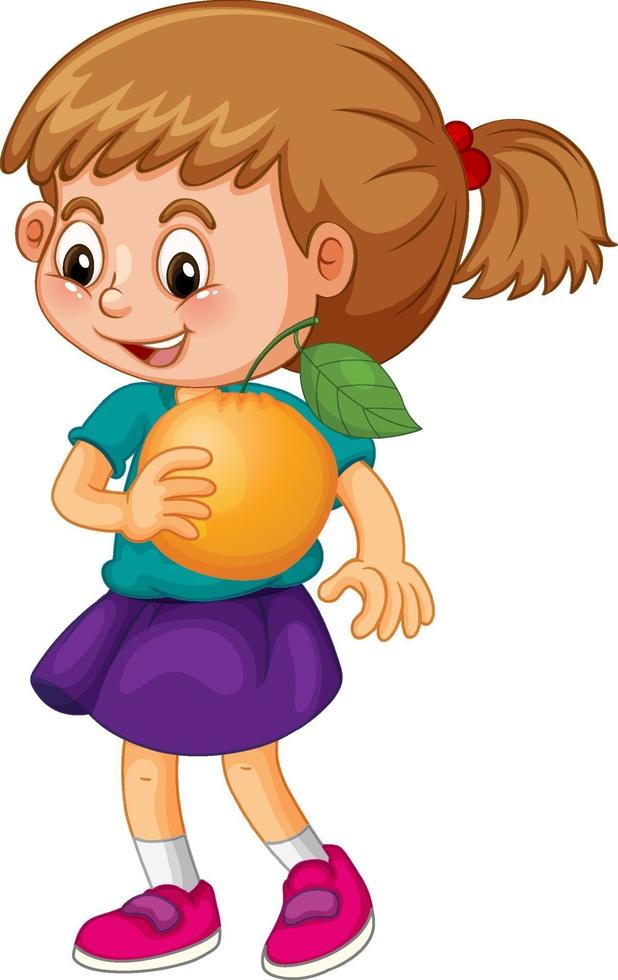 Una niña sosteniendo un personaje de dibujos animados de fruta naranja aislado sobre fondo blanco. vector