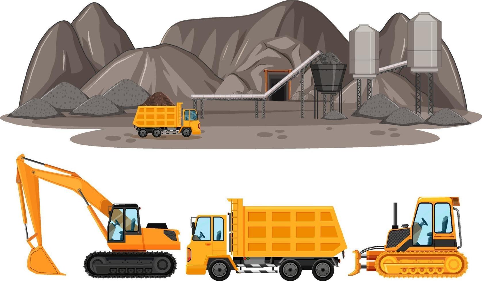 Escena de minería de carbón con diferentes tipos de camiones de construcción. vector