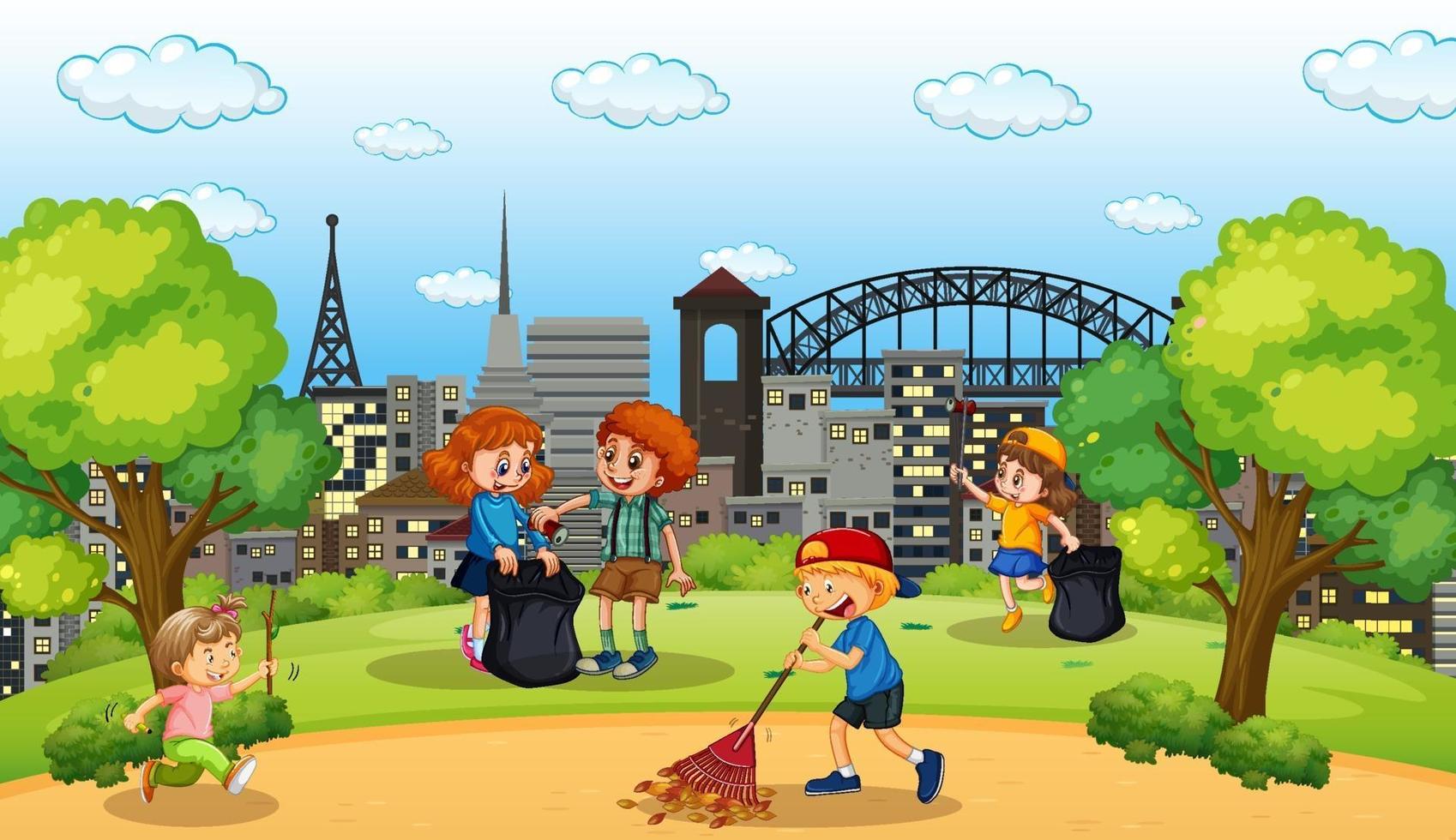 escena con muchos niños limpiando en el parque. vector