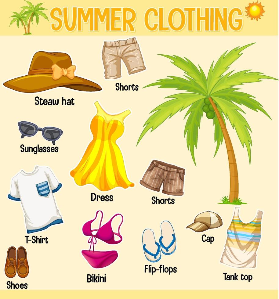 Summer collection of clothing and accessories isolated on yellow ...