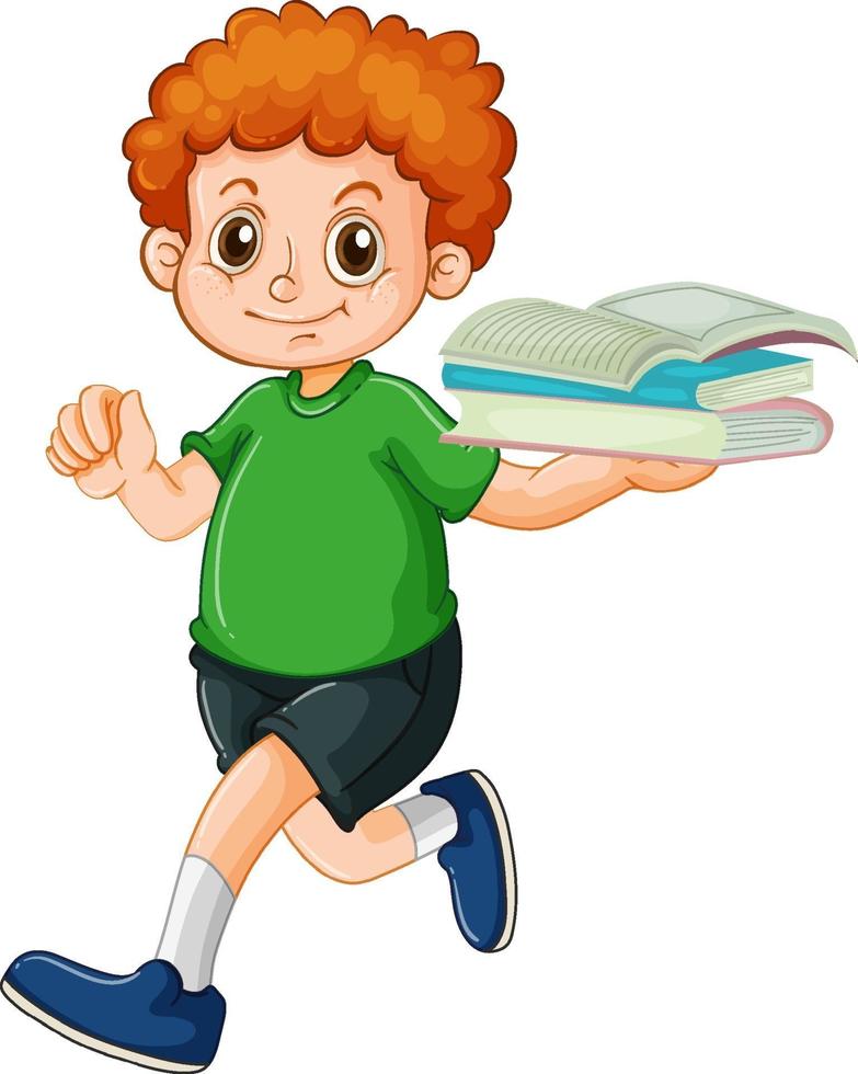 A happy boy holding book cartoon character on white background vector