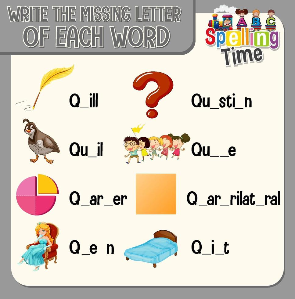 Write the missing letter of each word worksheet for children vector