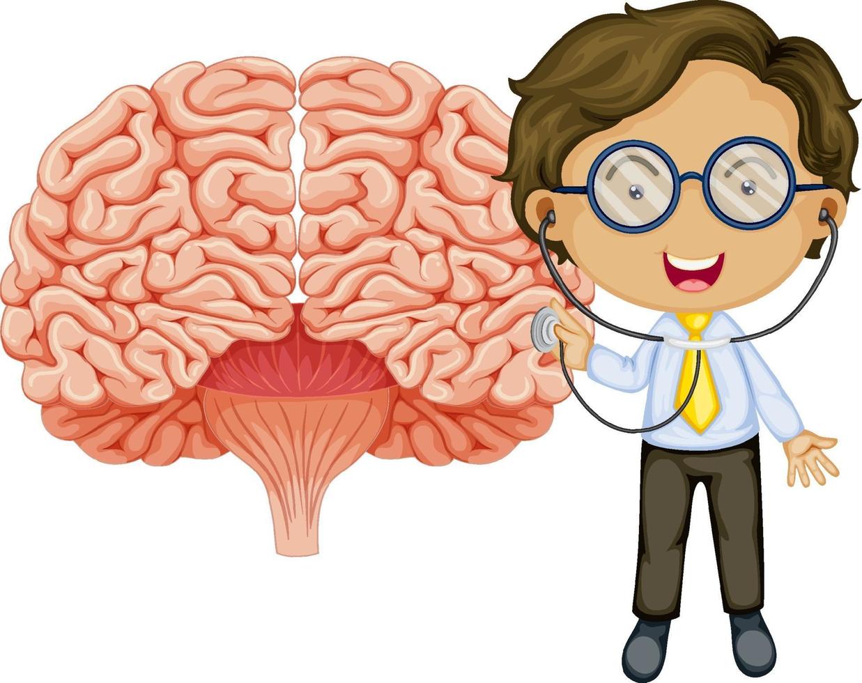 gran cerebro con un personaje de dibujos animados médico vector